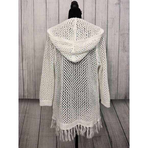 J.Jill Women's Medium White Crochet Hooded Cardigan Fringe Hem Layering Boho - Picture 6 of 10
